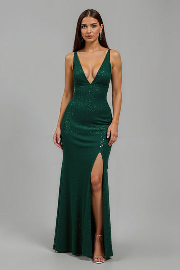 Mermaid Dark Green V-Neck Holiday Dress with Slit